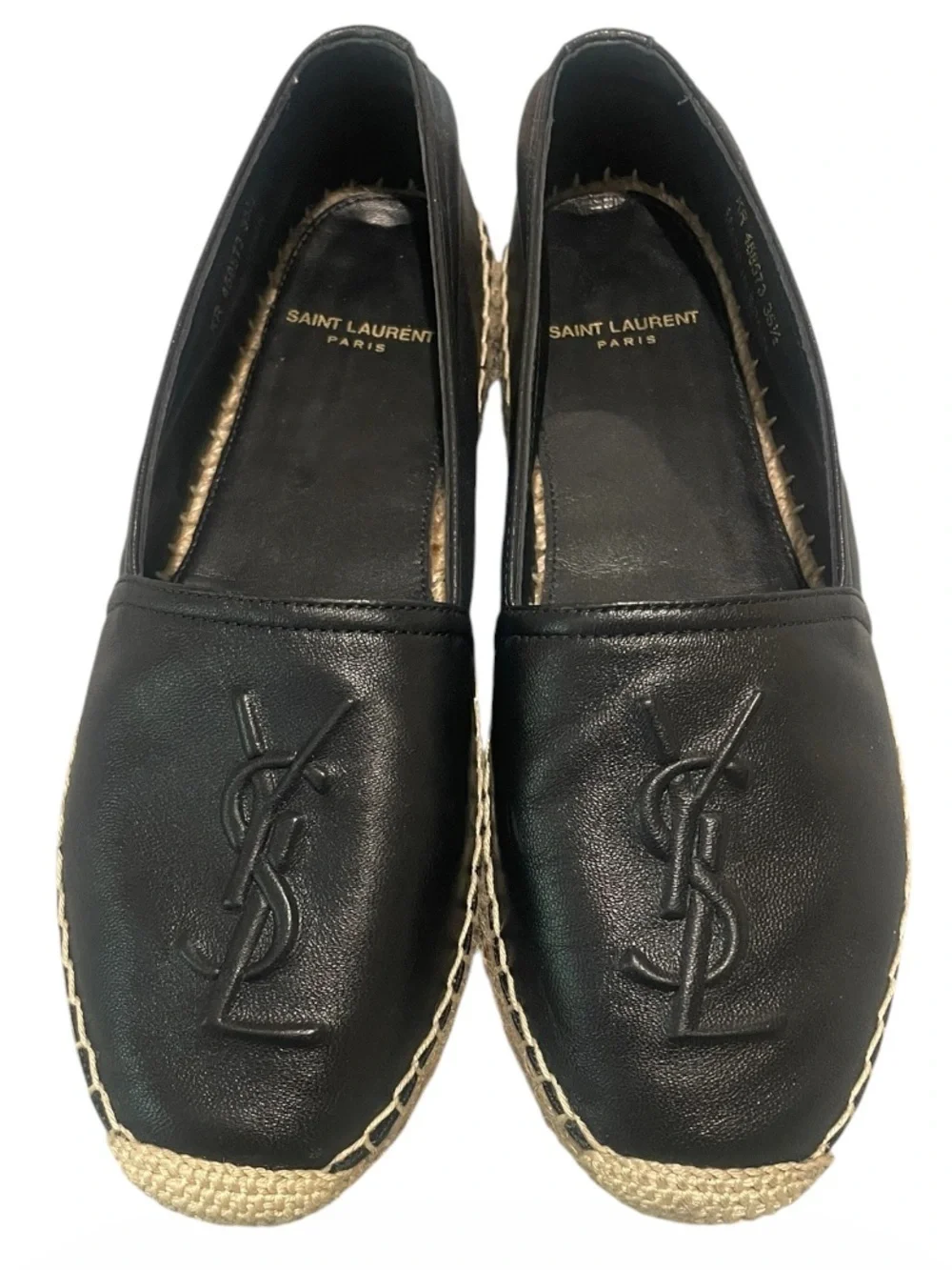 Saint Laurent Paris YSL Logo Black Leather Espadrille Flats 36.5